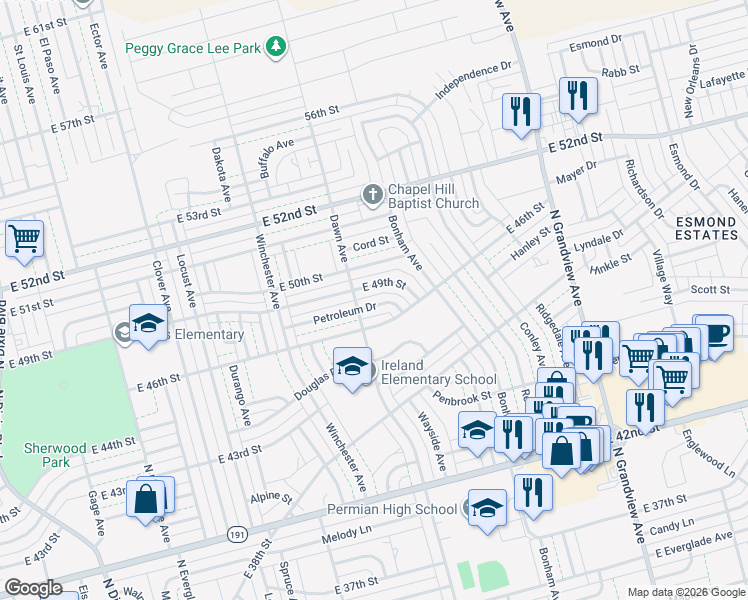 map of restaurants, bars, coffee shops, grocery stores, and more near 1820 Petroleum Drive in Odessa