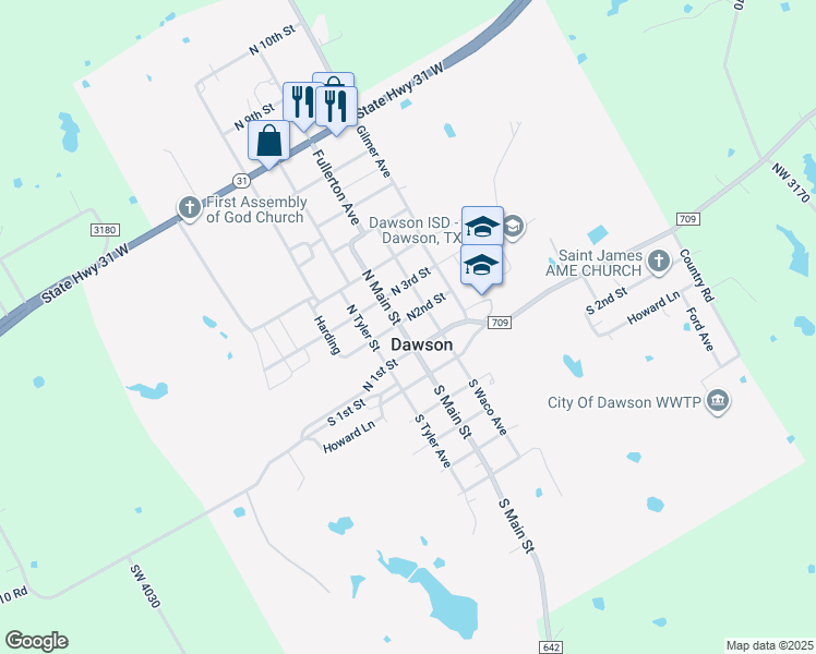map of restaurants, bars, coffee shops, grocery stores, and more near 112 North Main Street in Dawson