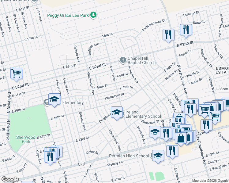 map of restaurants, bars, coffee shops, grocery stores, and more near 1725 Petroleum Drive in Odessa