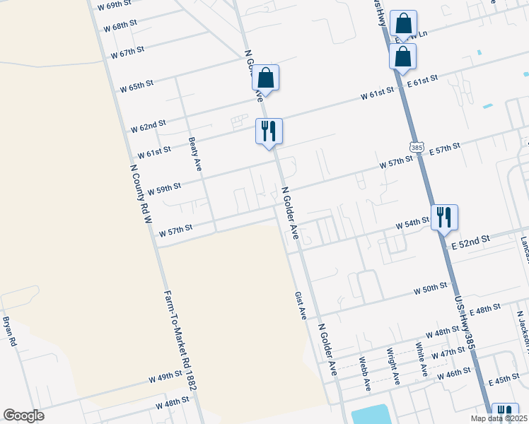 map of restaurants, bars, coffee shops, grocery stores, and more near 5603 Gist Avenue in Odessa