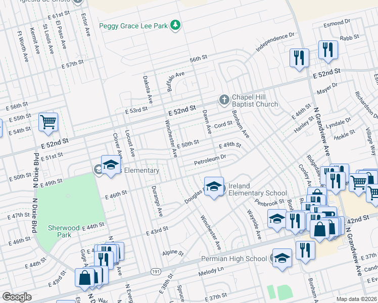 map of restaurants, bars, coffee shops, grocery stores, and more near 1628 East 49th Street in Odessa