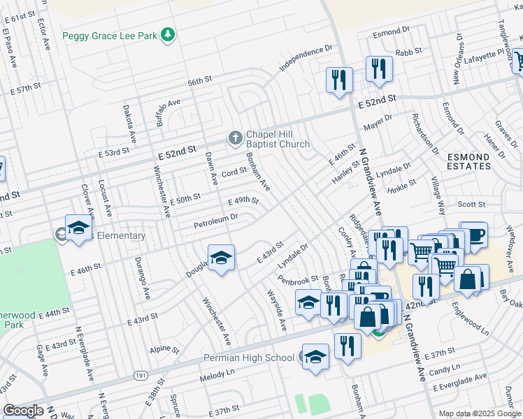 map of restaurants, bars, coffee shops, grocery stores, and more near 1848 East 49th Street in Odessa