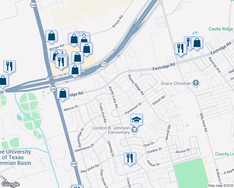 map of restaurants, bars, coffee shops, grocery stores, and more near 3350-3374 Rocky Lane Road in Odessa