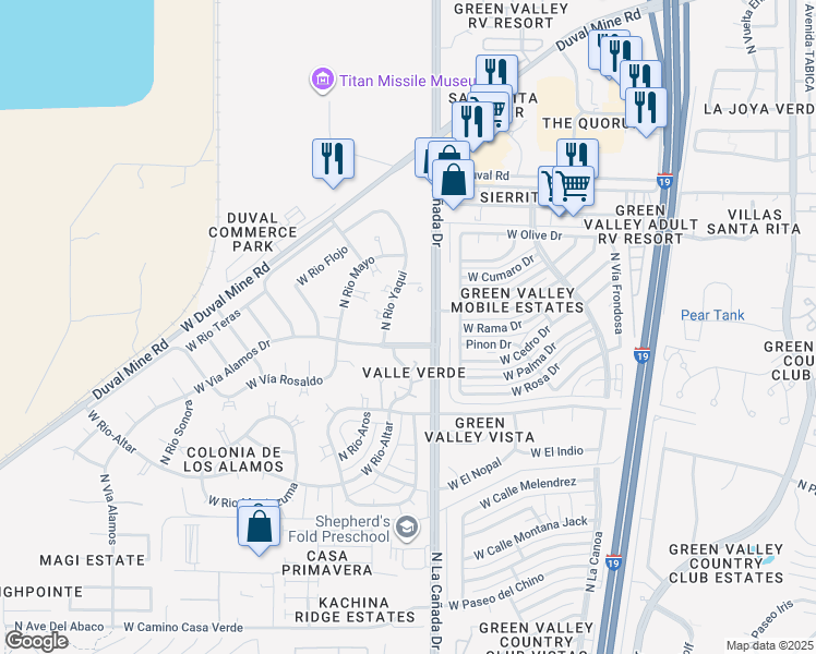map of restaurants, bars, coffee shops, grocery stores, and more near 1576 North Pso La Tinaja in Green Valley