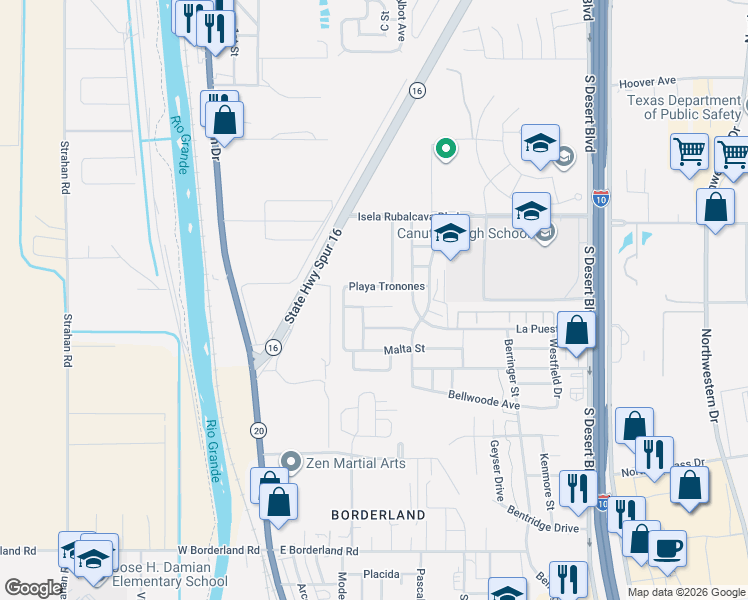 map of restaurants, bars, coffee shops, grocery stores, and more near 6637 Flores Lane in El Paso