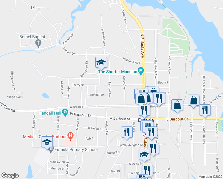 map of restaurants, bars, coffee shops, grocery stores, and more near 227 Sanford Avenue in Eufaula
