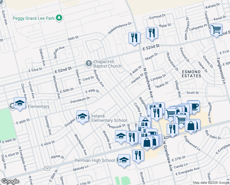 map of restaurants, bars, coffee shops, grocery stores, and more near 4316 Bonham Ave in Odessa