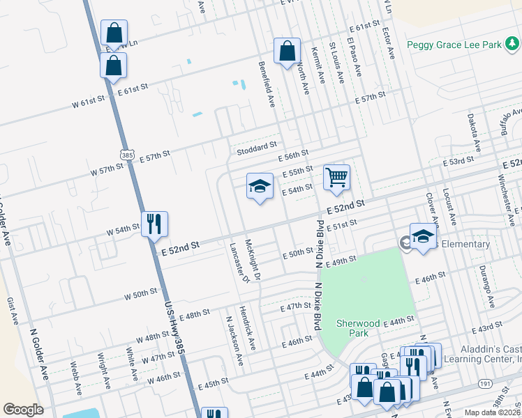 map of restaurants, bars, coffee shops, grocery stores, and more near 501 East 52nd Street in Odessa