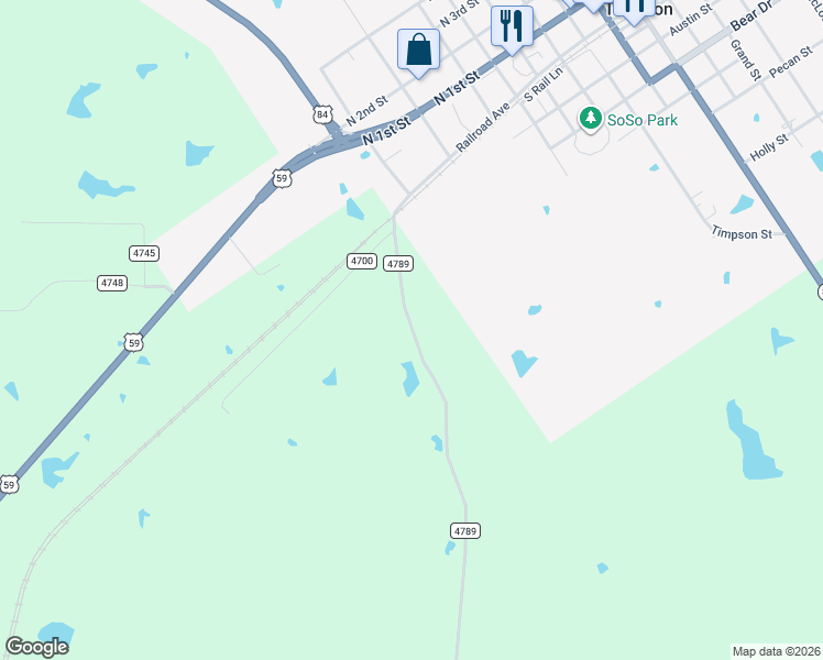 map of restaurants, bars, coffee shops, grocery stores, and more near County Road 4700 in Timpson