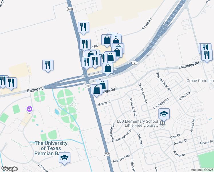 map of restaurants, bars, coffee shops, grocery stores, and more near 6000-6398 Texas 191 Frontage in Odessa