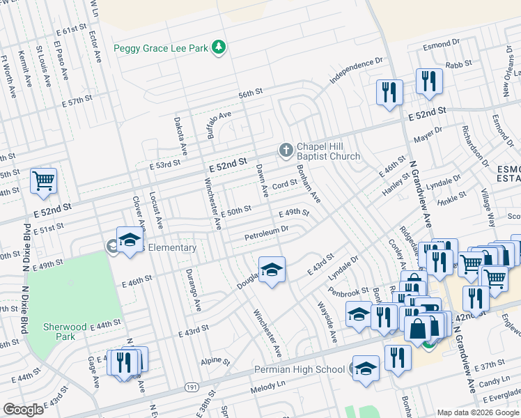 map of restaurants, bars, coffee shops, grocery stores, and more near 1801 East 50th Street in Odessa