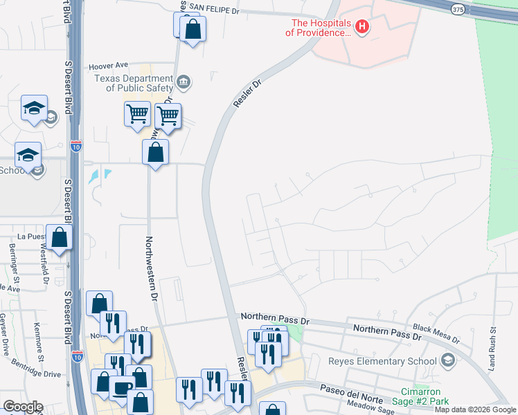 map of restaurants, bars, coffee shops, grocery stores, and more near 1851 North Resler Drive in El Paso