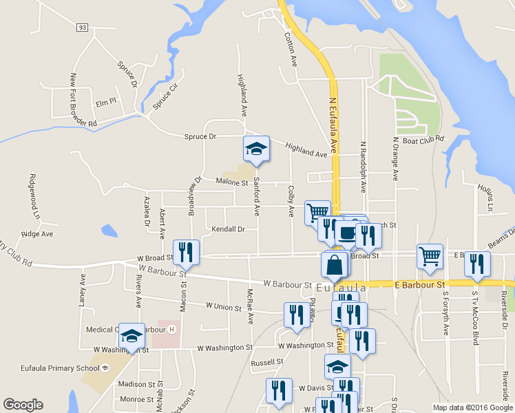 map of restaurants, bars, coffee shops, grocery stores, and more near Sanford Avenue in Eufaula