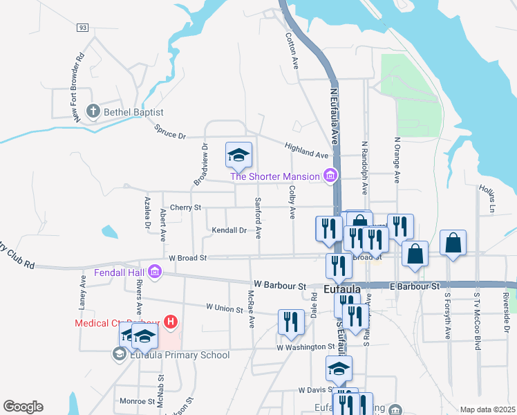 map of restaurants, bars, coffee shops, grocery stores, and more near Sanford Avenue in Eufaula