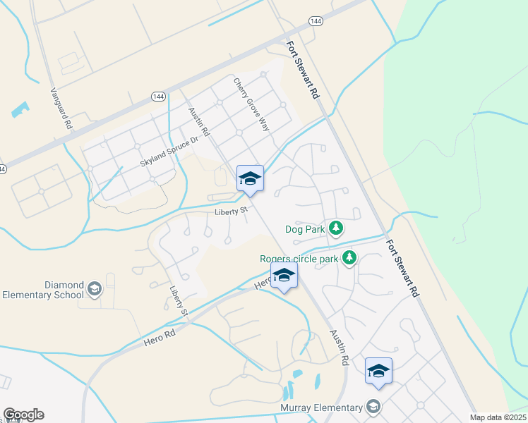 map of restaurants, bars, coffee shops, grocery stores, and more near 7336 Austin Road in Fort Stewart