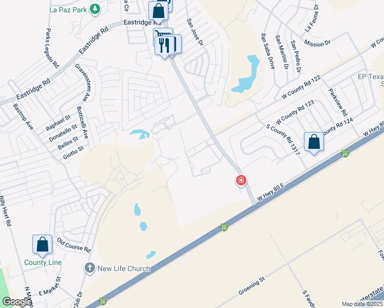 map of restaurants, bars, coffee shops, grocery stores, and more near 2741 Faudree Road in Odessa