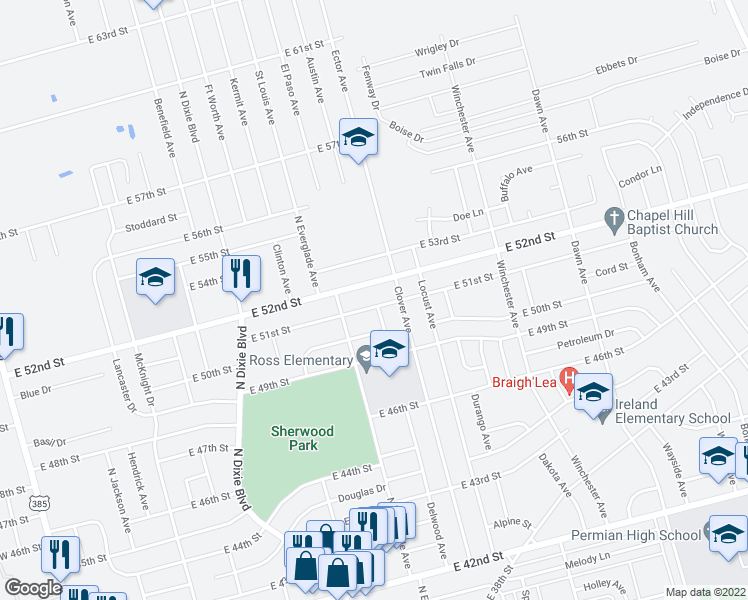 map of restaurants, bars, coffee shops, grocery stores, and more near 1313 East 51st Street in Odessa