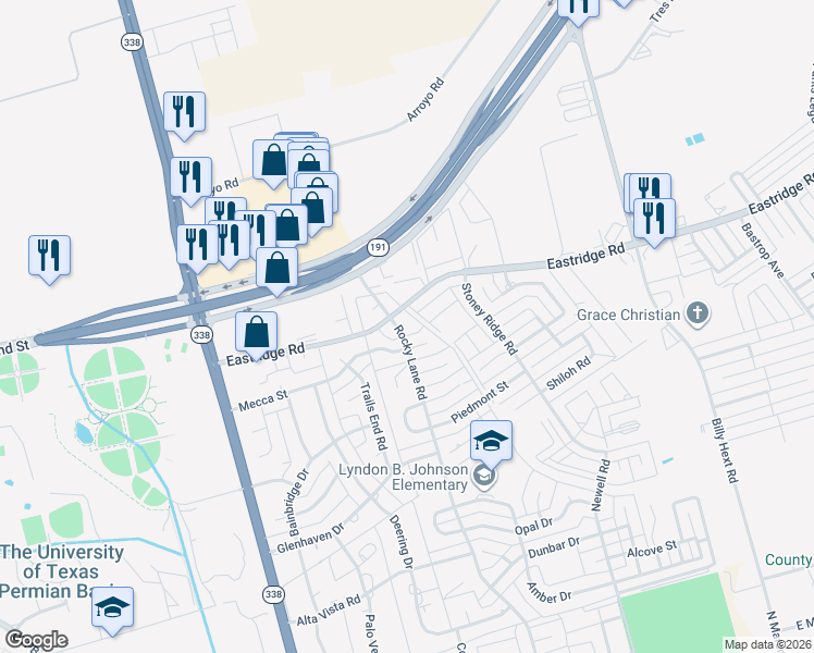 map of restaurants, bars, coffee shops, grocery stores, and more near 3408 Rocky Lane Road in Odessa