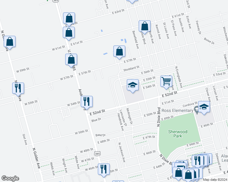 map of restaurants, bars, coffee shops, grocery stores, and more near 5407 Lancaster Drive in Odessa
