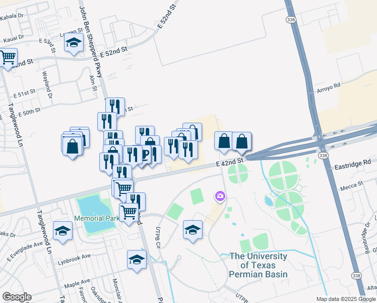 map of restaurants, bars, coffee shops, grocery stores, and more near 5161 East 42nd Street in Odessa
