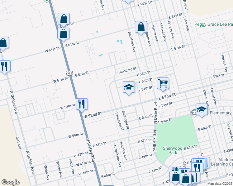 map of restaurants, bars, coffee shops, grocery stores, and more near 5405 McKnight Drive in Odessa