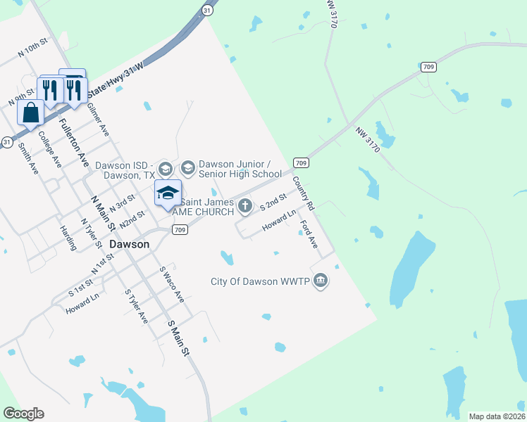 map of restaurants, bars, coffee shops, grocery stores, and more near 717 South 2nd Street in Dawson