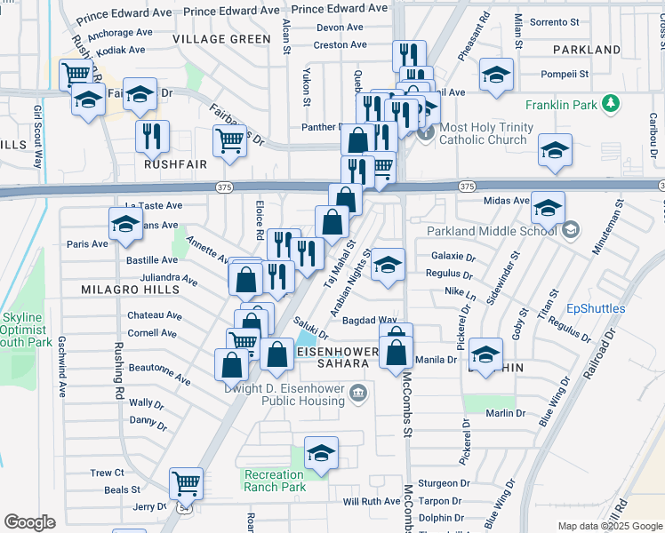 map of restaurants, bars, coffee shops, grocery stores, and more near 9897 Taj Mahal Street in El Paso