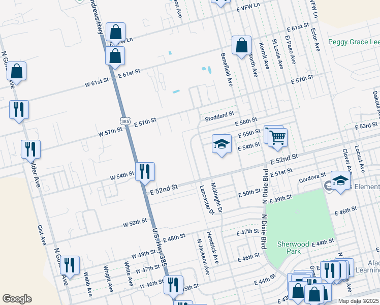 map of restaurants, bars, coffee shops, grocery stores, and more near 5409 Lancaster Drive in Odessa