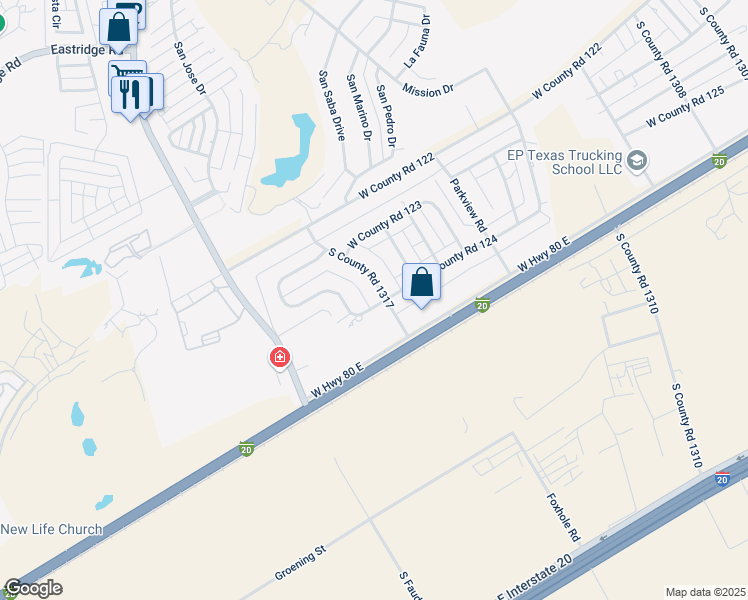 map of restaurants, bars, coffee shops, grocery stores, and more near 3624 South County Road 1317 in Odessa