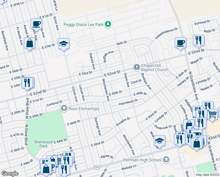 map of restaurants, bars, coffee shops, grocery stores, and more near 5013 Buffalo Avenue in Odessa