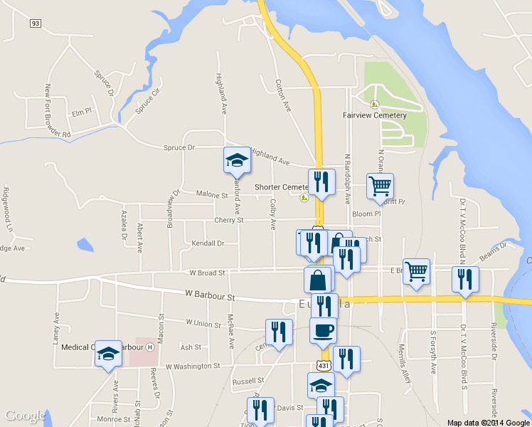map of restaurants, bars, coffee shops, grocery stores, and more near 310 Cherry St in Eufaula