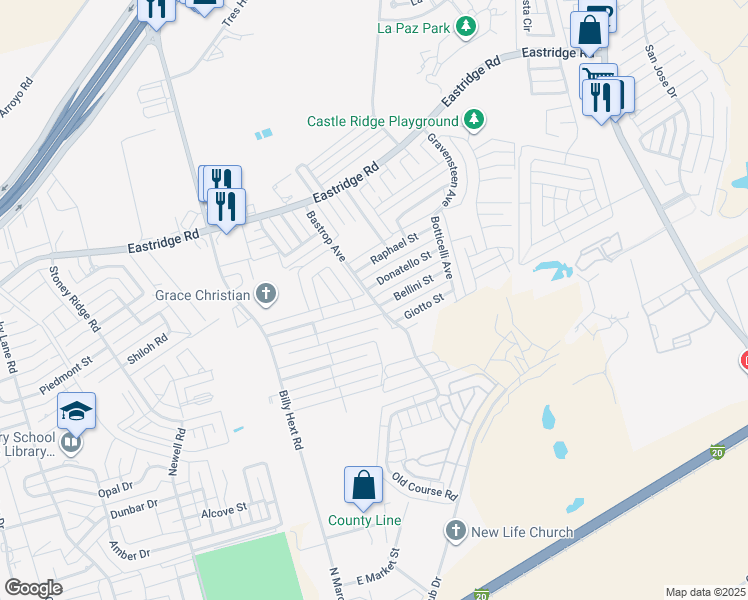 map of restaurants, bars, coffee shops, grocery stores, and more near Bastrop Avenue in Odessa