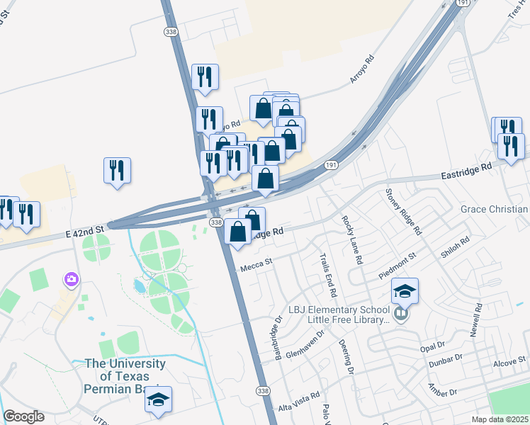 map of restaurants, bars, coffee shops, grocery stores, and more near 6398 Texas 191 Frontage in Odessa