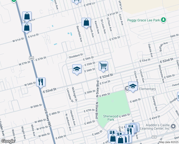 map of restaurants, bars, coffee shops, grocery stores, and more near 606 East 54th Street in Odessa