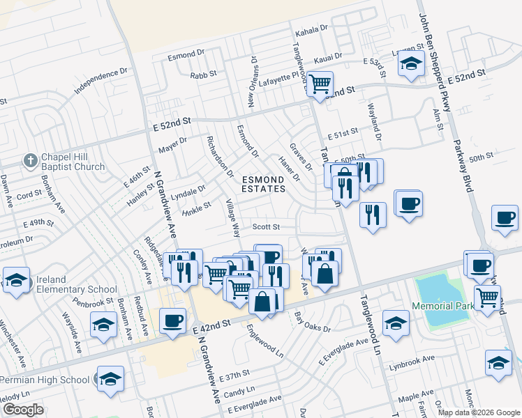 map of restaurants, bars, coffee shops, grocery stores, and more near 8 Harned Court in Odessa