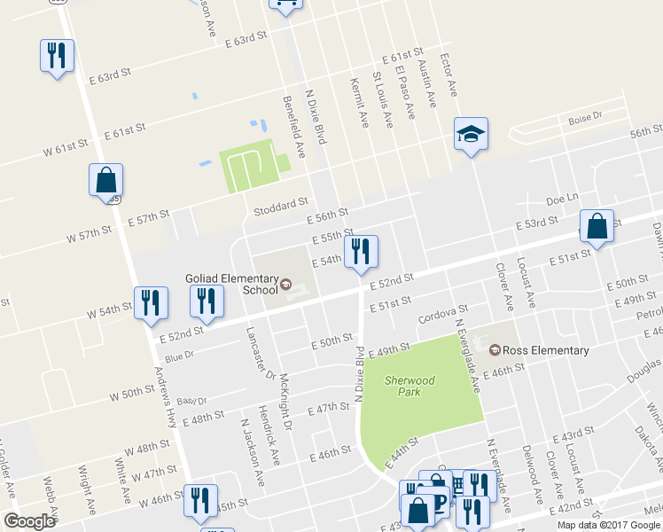 map of restaurants, bars, coffee shops, grocery stores, and more near 606 East 54th Street in Odessa