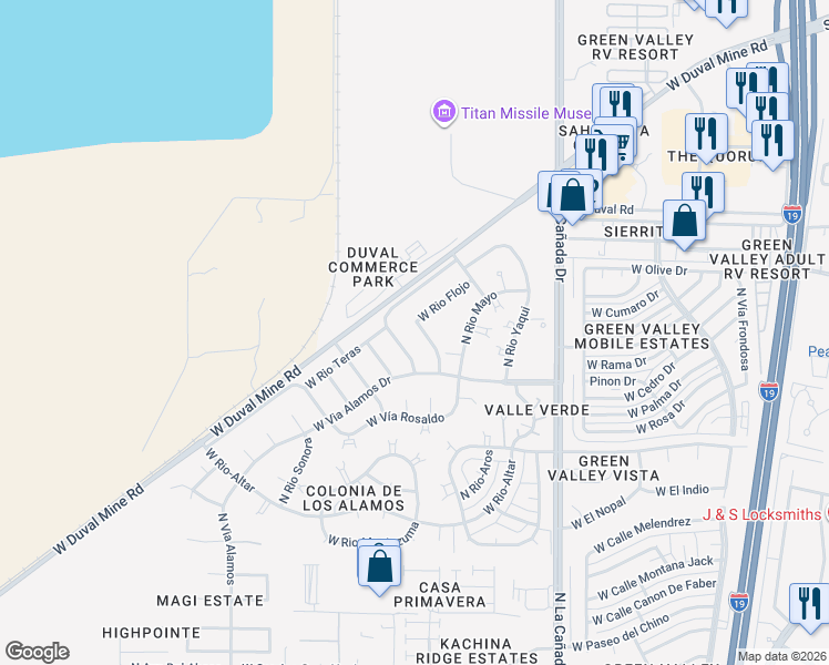 map of restaurants, bars, coffee shops, grocery stores, and more near 1760 North Rio Trinidad in Green Valley