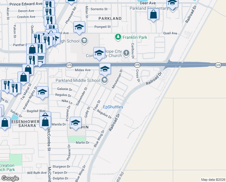 map of restaurants, bars, coffee shops, grocery stores, and more near 9921 Minuteman Street in El Paso