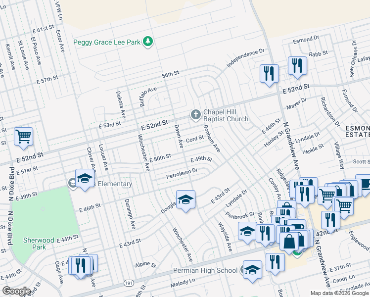 map of restaurants, bars, coffee shops, grocery stores, and more near 1801 East 50th Street in Odessa