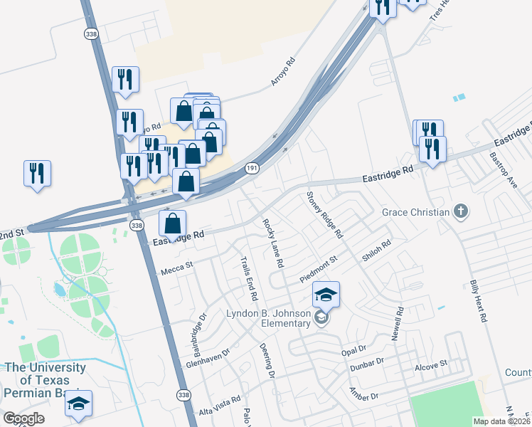 map of restaurants, bars, coffee shops, grocery stores, and more near 3408 Rocky Lane Road in Odessa
