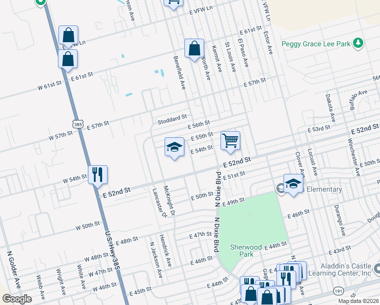 map of restaurants, bars, coffee shops, grocery stores, and more near 5401 Kingston Avenue in Odessa