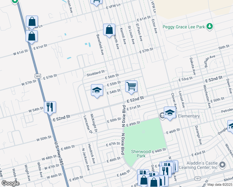 map of restaurants, bars, coffee shops, grocery stores, and more near 606 East 54th Street in Odessa