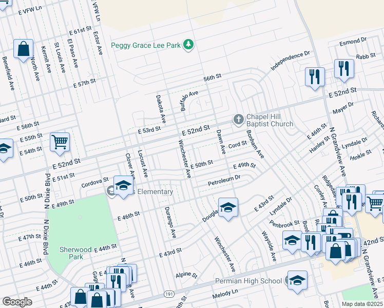 map of restaurants, bars, coffee shops, grocery stores, and more near 5013 Buffalo Avenue in Odessa