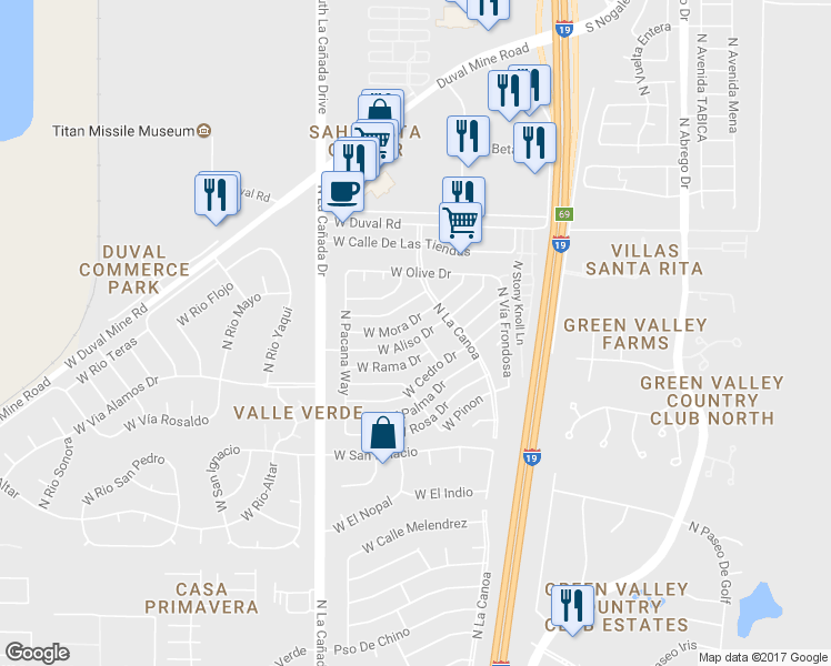 map of restaurants, bars, coffee shops, grocery stores, and more near 200 West Aliso Drive in Green Valley