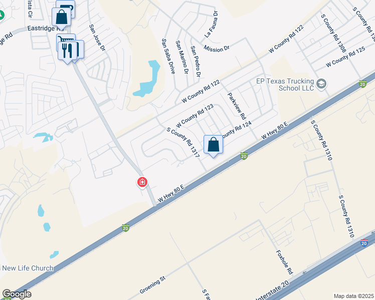 map of restaurants, bars, coffee shops, grocery stores, and more near 3624 S County Road 1317 in Odessa