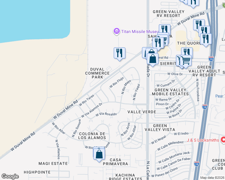 map of restaurants, bars, coffee shops, grocery stores, and more near 1760 North Rio Trinidad in Green Valley