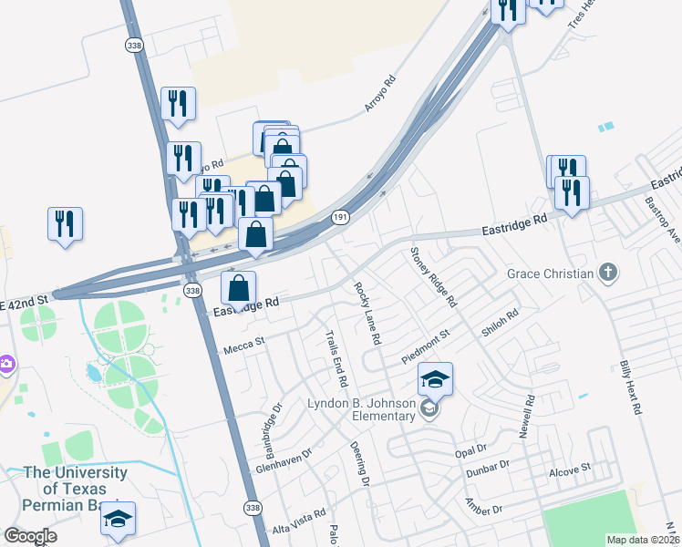 map of restaurants, bars, coffee shops, grocery stores, and more near 3501 Rocky Lane Road in Odessa