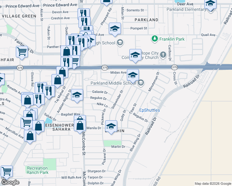 map of restaurants, bars, coffee shops, grocery stores, and more near 5873 Galaxie Drive in El Paso