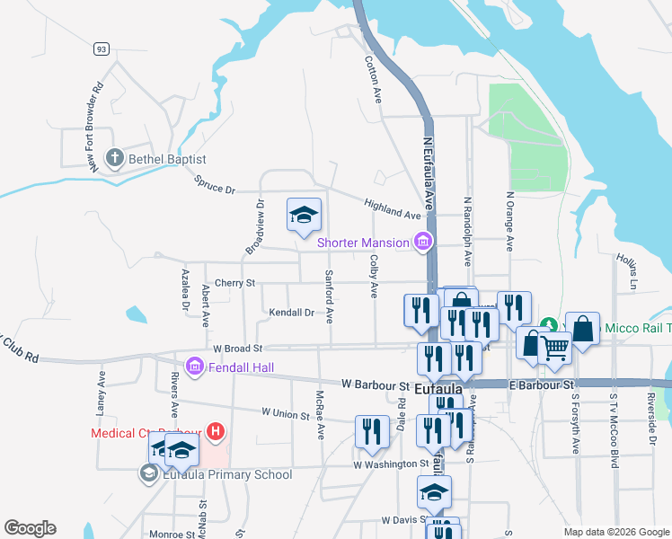 map of restaurants, bars, coffee shops, grocery stores, and more near 329 Sanford Avenue in Eufaula