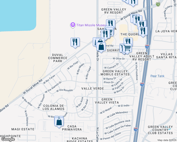 map of restaurants, bars, coffee shops, grocery stores, and more near 1750 North Rio Yaqui in Green Valley
